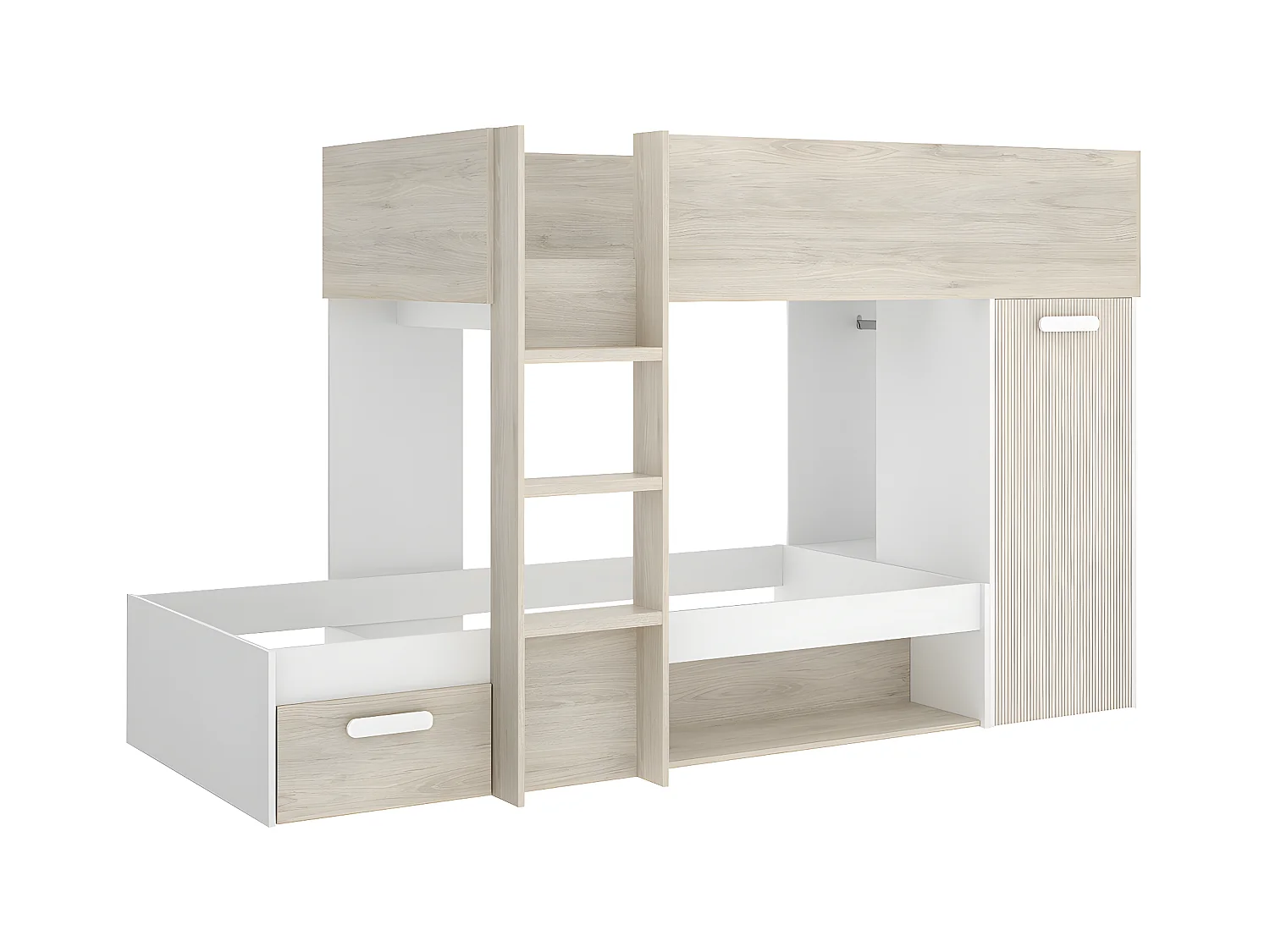 Lit superposé enfant coloris chêne naturel, blanc, imitation lamelles, couchage 90 x190 cm - longueur 245 x profondeur 111 x hauteur 150 cm