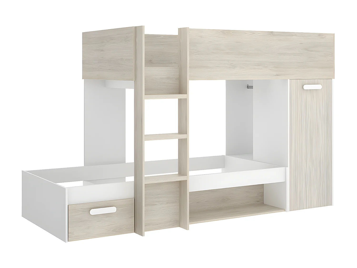 Lit superposé enfant coloris chêne naturel, blanc, imitation lamelles, couchage 90 x190 cm - longueur 245 x profondeur 111 x hauteur 150 cm