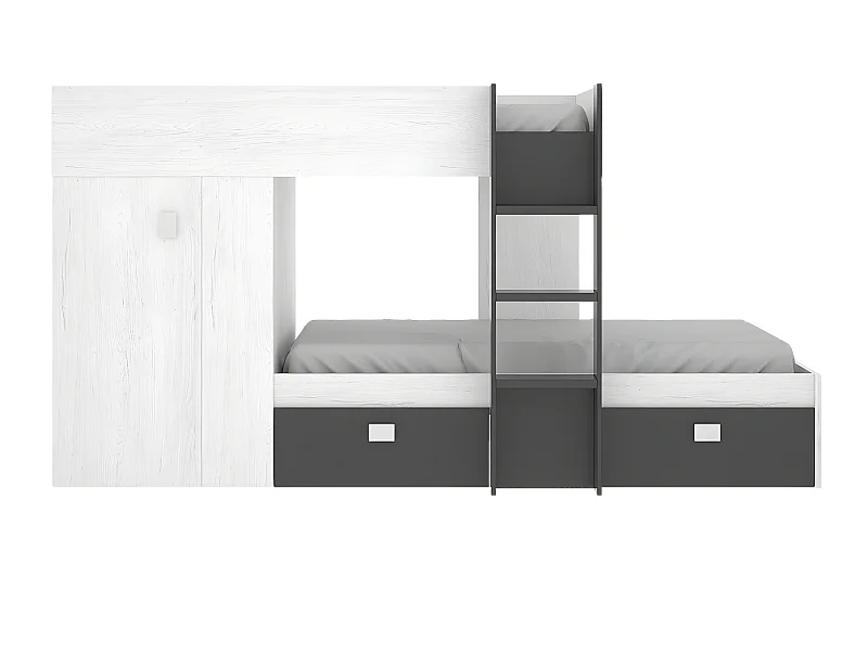 Lit enfant superposé avec armoire et 2 tiroirs coloris Blanc, graphite - Longueur 271 x Profondeur 111 x Hauteur 150 cm