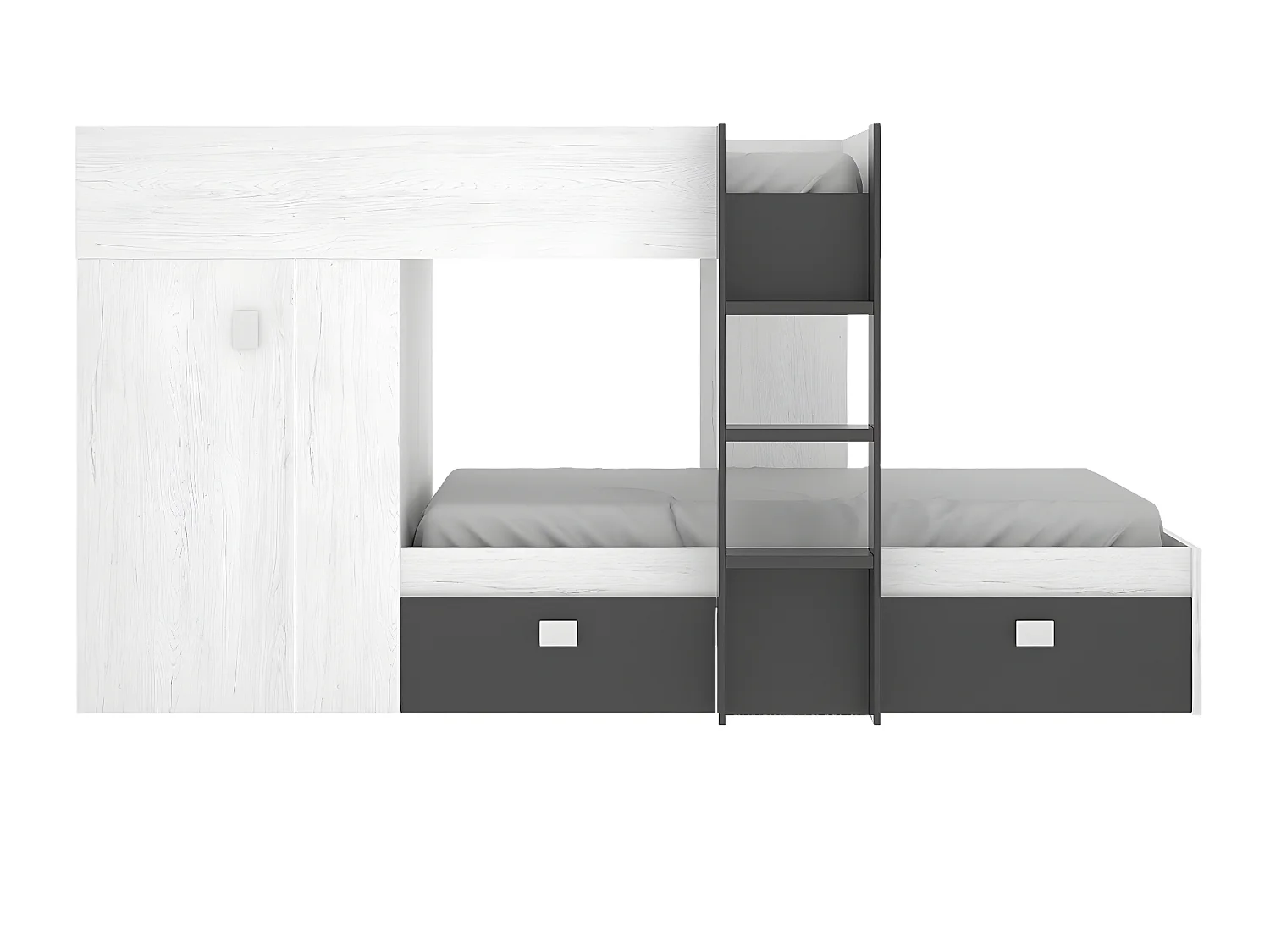 Lit enfant superposé avec armoire et 2 tiroirs coloris Blanc, graphite - Longueur 271 x Profondeur 111 x Hauteur 150 cm