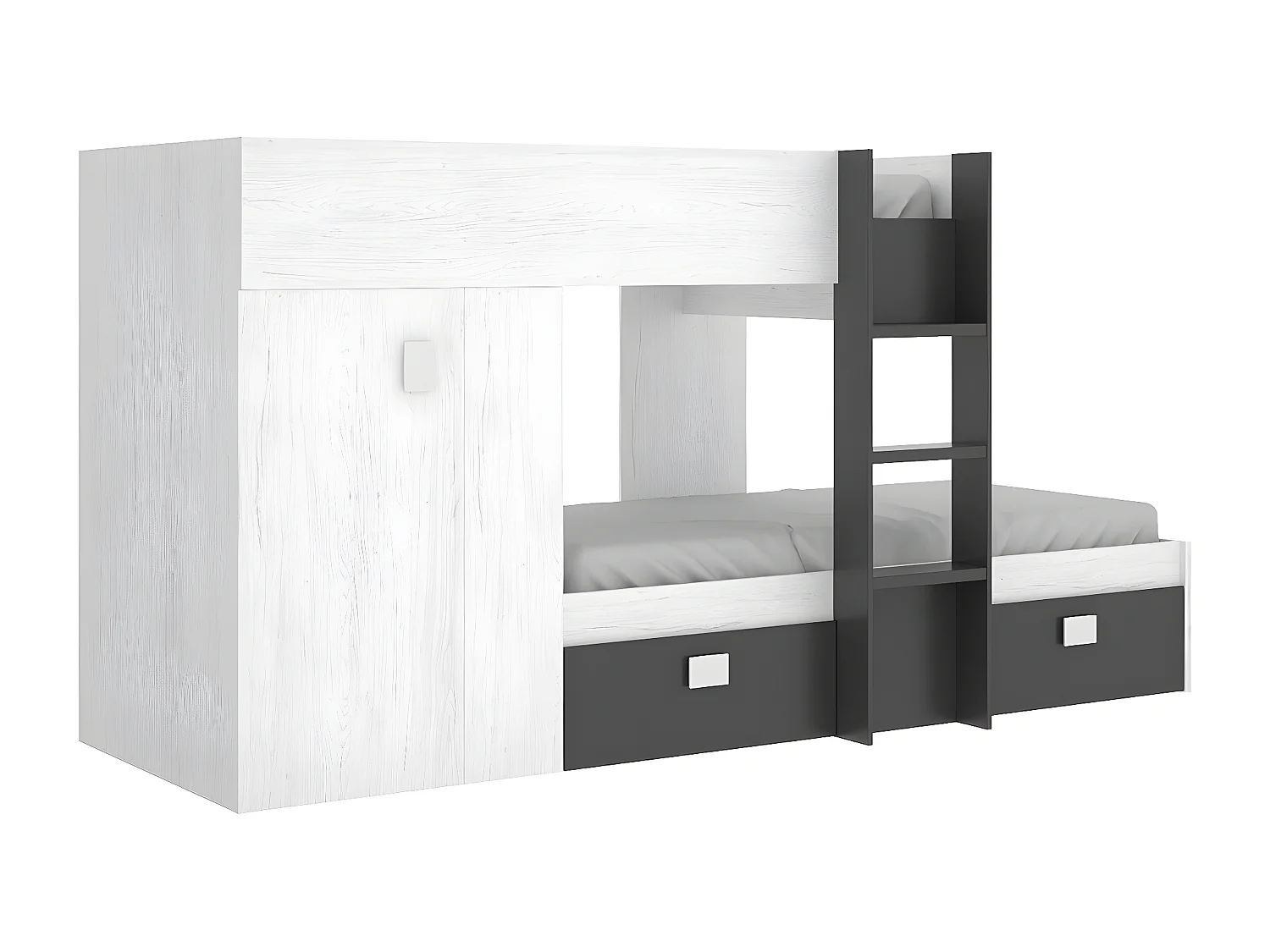 Lit enfant superposé avec armoire et 2 tiroirs coloris Blanc, graphite - Longueur 271 x Profondeur 111 x Hauteur 150 cm