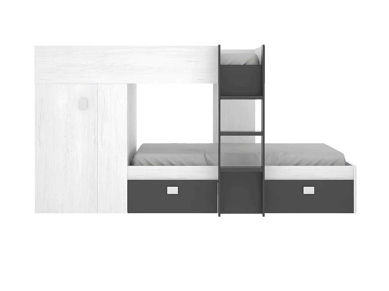 Lit enfant superposé avec armoire et 2 tiroirs coloris Blanc, graphite - Longueur 271 x Profondeur 111 x Hauteur 150 cm