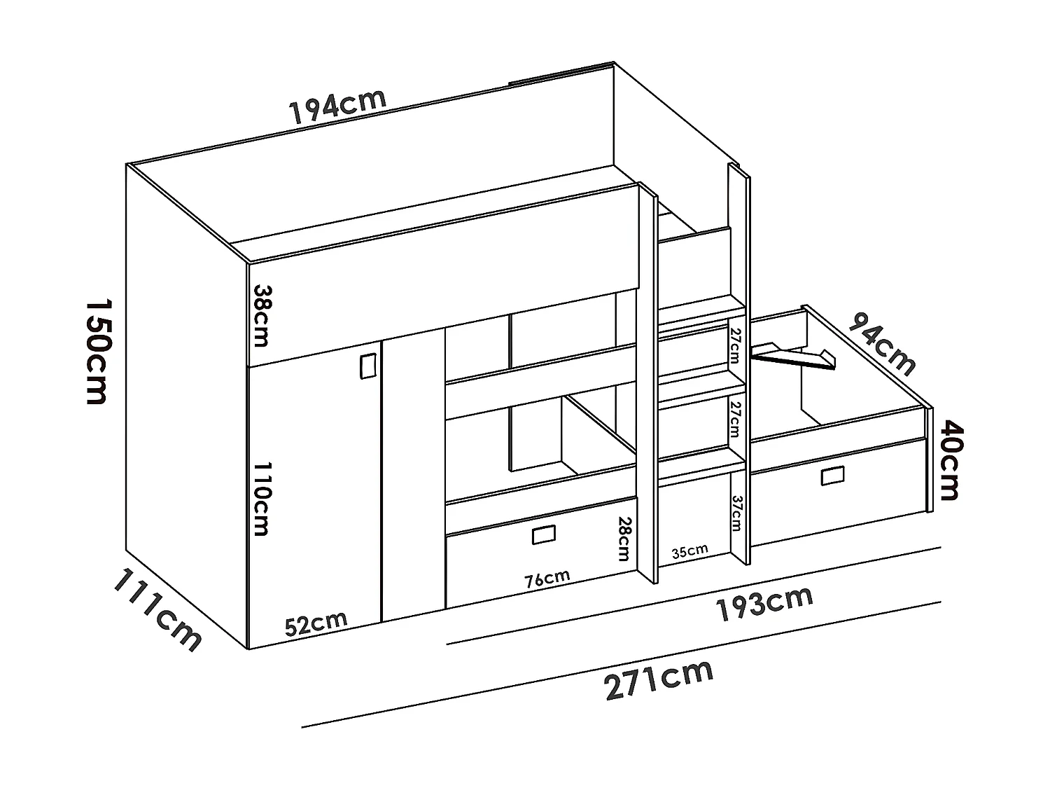 Lit enfant superposé avec armoire et 2 tiroirs coloris Blanc, graphite - Longueur 271 x Profondeur 111 x Hauteur 150 cm