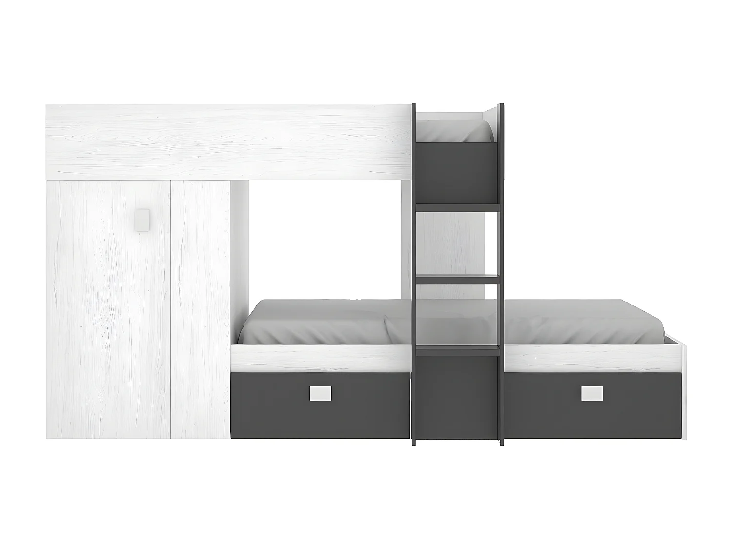 Lit enfant superposé avec armoire et 2 tiroirs coloris Blanc, graphite - Longueur 271 x Profondeur 111 x Hauteur 150 cm
