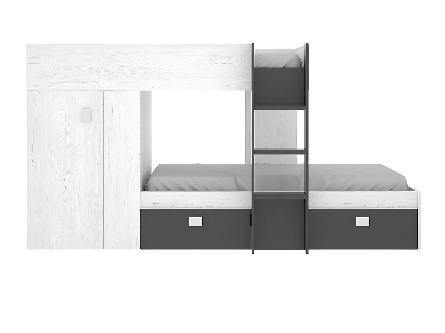 Lit enfant superposé avec armoire et 2 tiroirs coloris Blanc, graphite - Longueur 271 x Profondeur 111 x Hauteur 150 cm