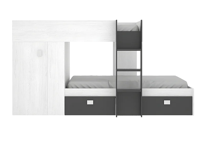 Lit enfant superposé avec armoire et 2 tiroirs coloris Blanc, graphite - Longueur 271 x Profondeur 111 x Hauteur 150 cm