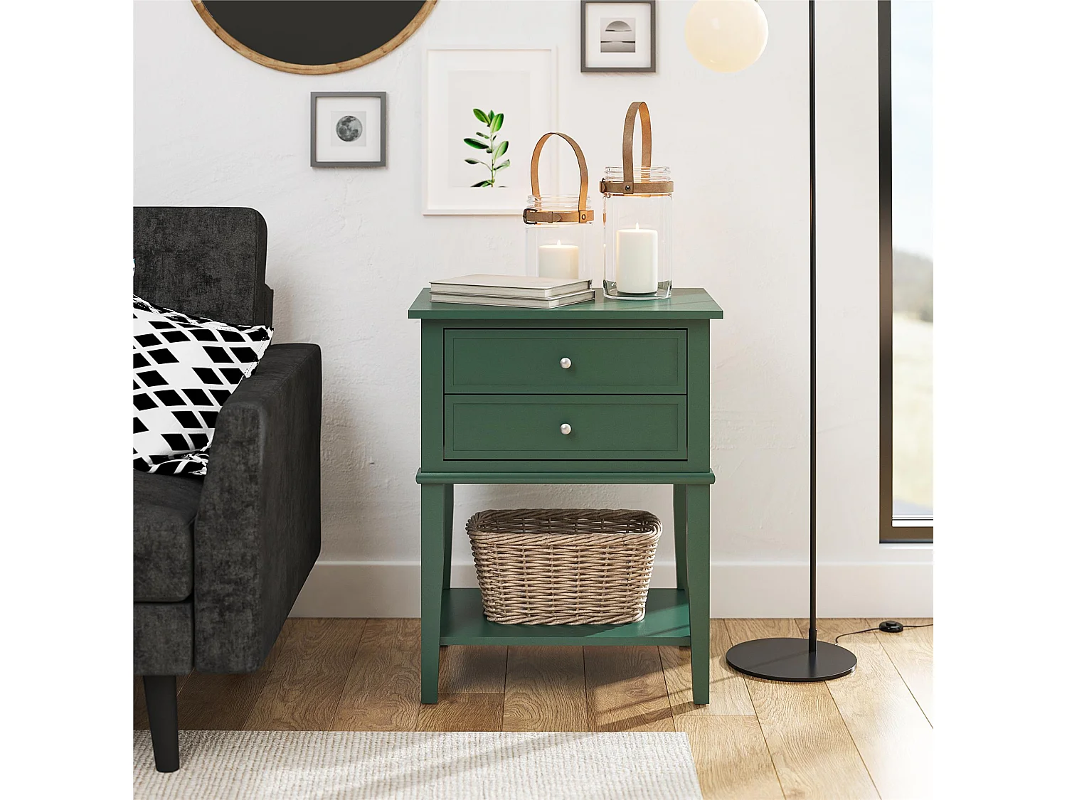 Franklin | Table d'appoint avec 2 tiroirs en MDF vert foncé
