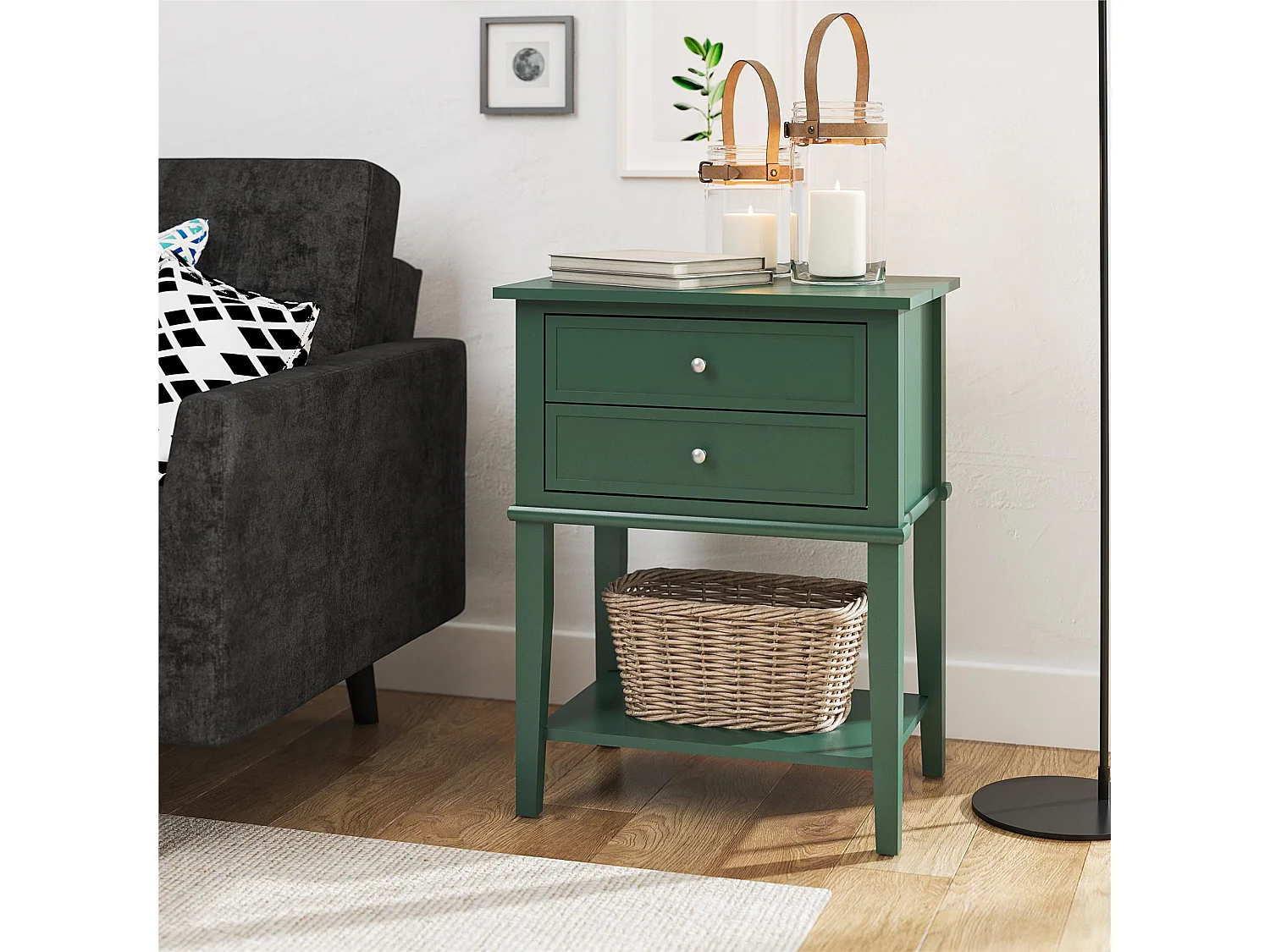 Franklin | Table d'appoint avec 2 tiroirs en MDF vert foncé