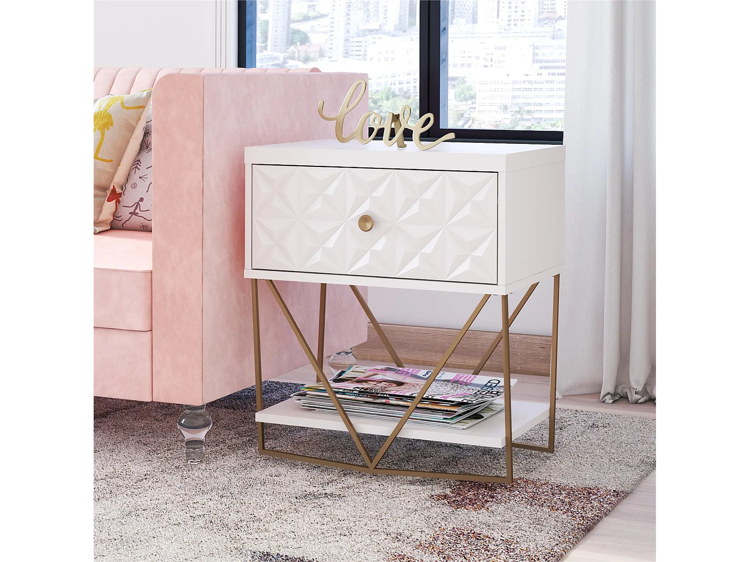 Blair | Table d'appoint avec 1 tiroir en blanc - Golden Frame