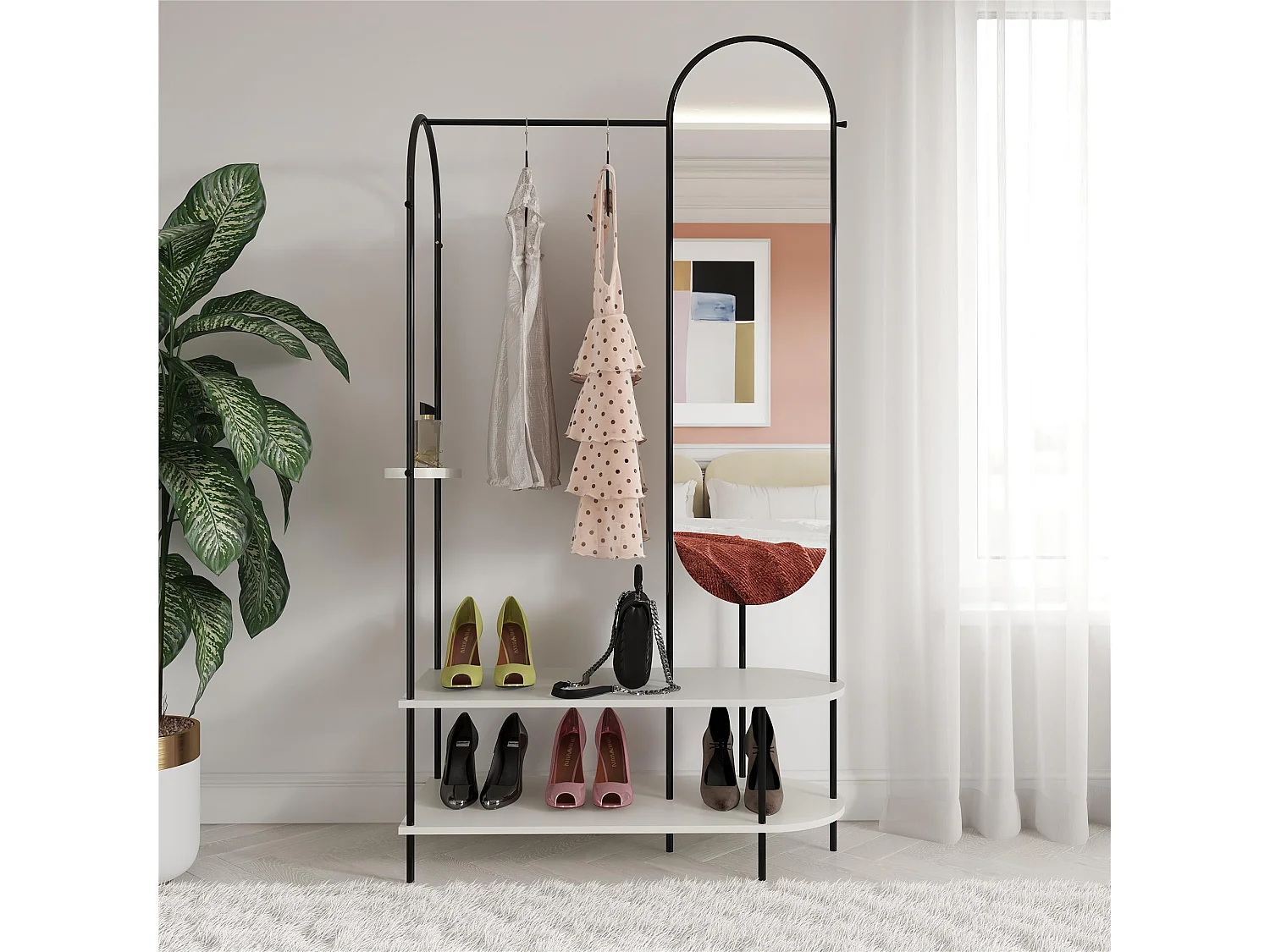 Anastacia | Armoire ouverte à miroir en gris - Cadre en métal noir
