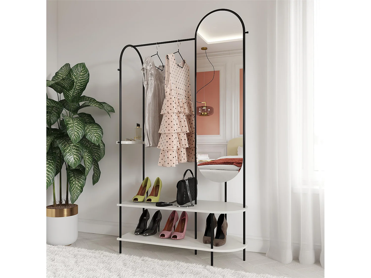 Anastacia | Armoire ouverte à miroir en gris - Cadre en métal noir
