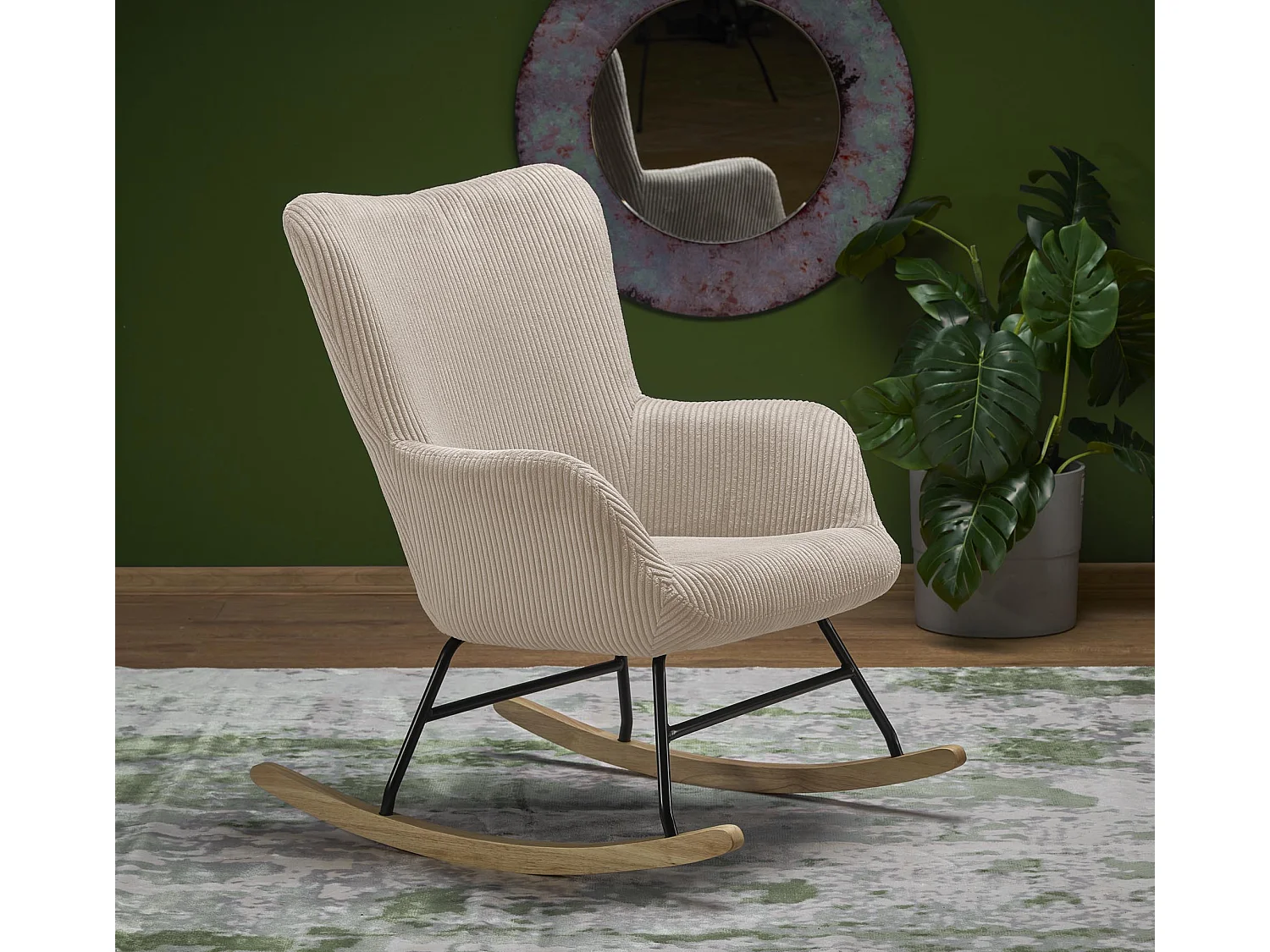 Rocking-Chair confort en velours côtelé beige avec accoudoirs Primrose