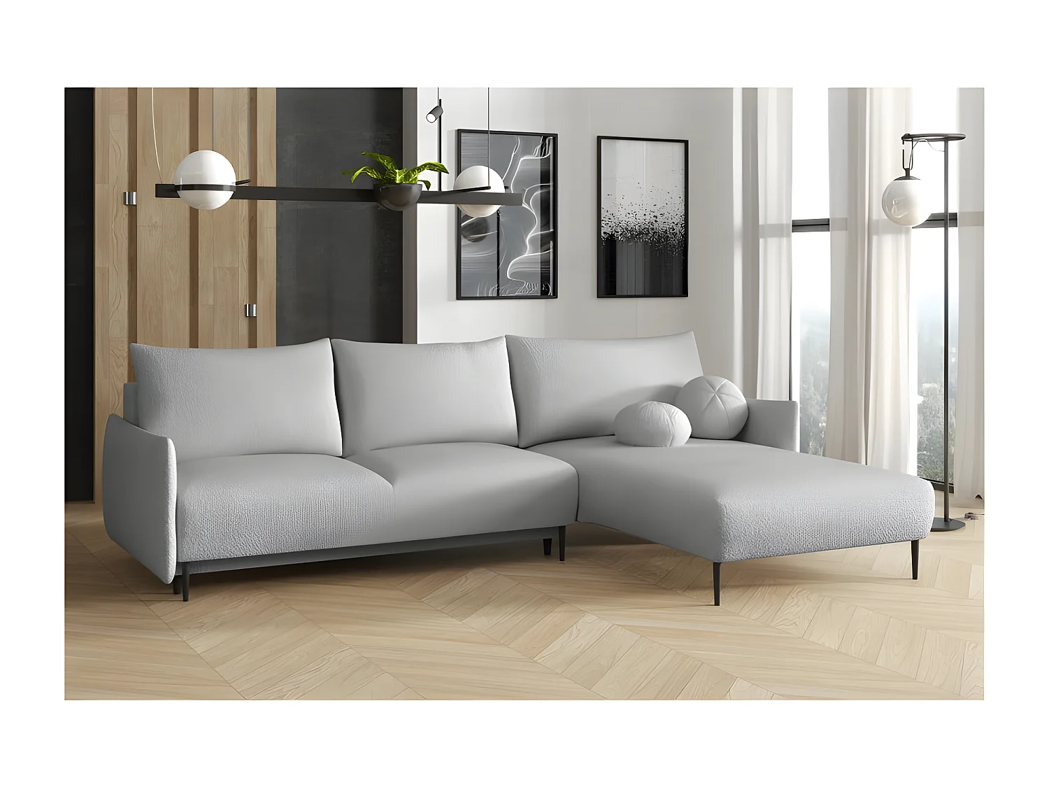 Canapé d'angle convertible LAMBIA en tissu bouclette gris clair