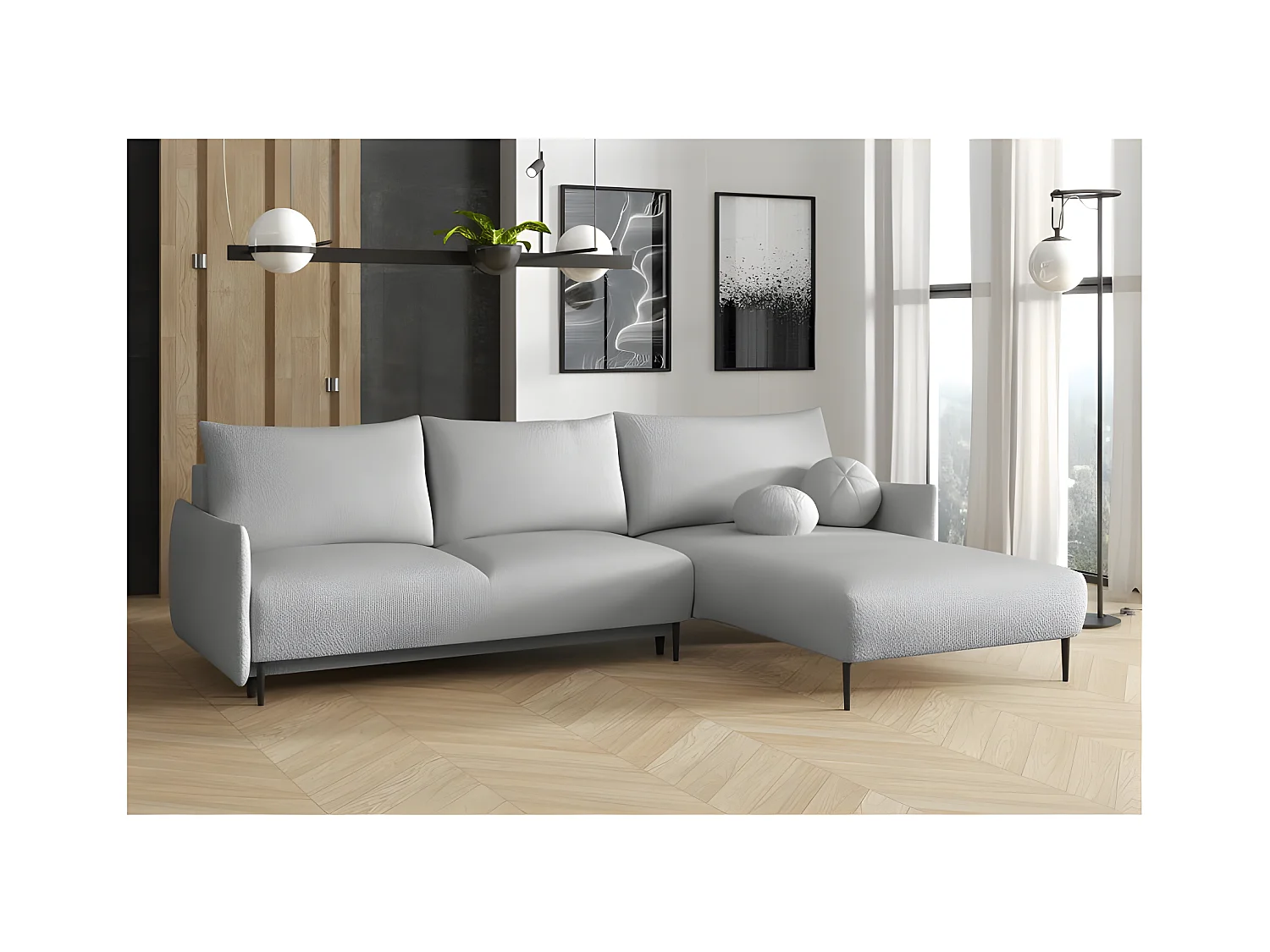 Canapé d'angle convertible LAMBIA en tissu bouclette gris clair
