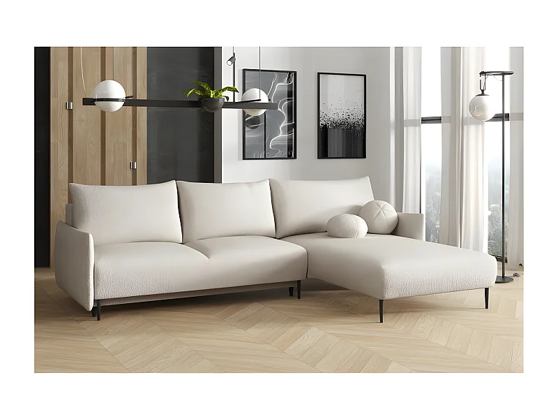 Canapé d'angle convertible LAMBIA en tissu bouclette blanc cassé