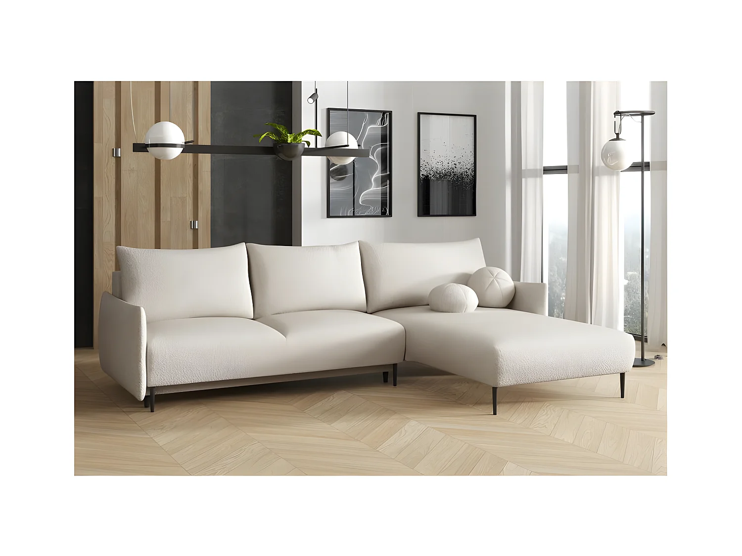 Canapé d'angle convertible LAMBIA en tissu bouclette blanc cassé