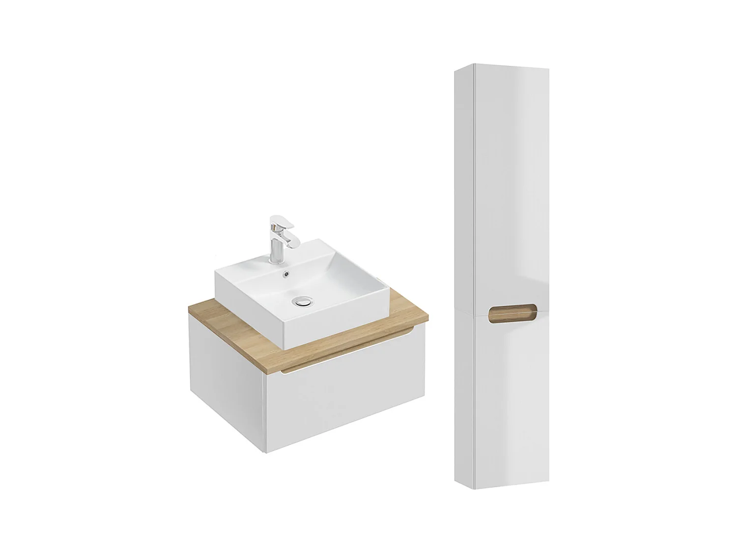 Ensemble meuble simple vasque 60cm 1 tiroir et colonne Livia Blanc et Bois