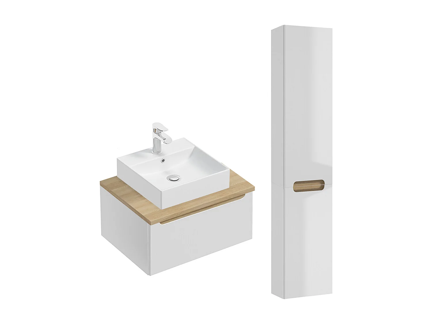 Set Einzelwaschbecken 60cm 1 Schublade und Säule Livia Weiß und Holz