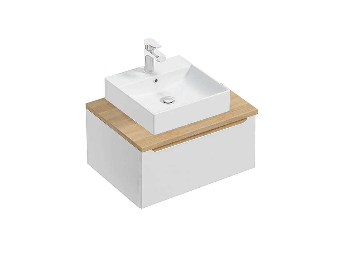 Ensemble meuble simple vasque 60cm 1 tiroir et colonne Livia Blanc et Bois