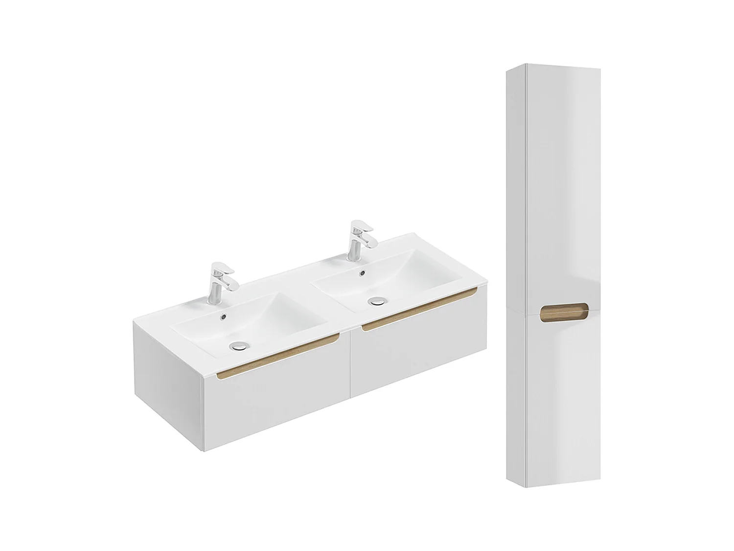 Ensemble meuble double vasque encastrée 120cm 2 tiroirs et colonne Livia Blanc et Bois