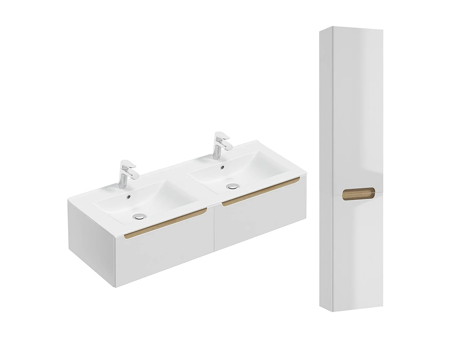 Ensemble meuble double vasque encastrée 120cm 2 tiroirs et colonne Livia Blanc et Bois