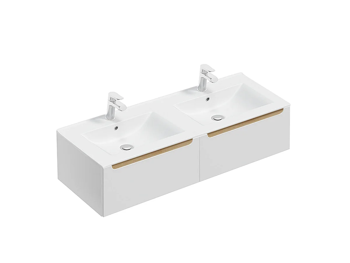 Ensemble meuble double vasque encastrée 120cm 2 tiroirs et colonne Livia Blanc et Bois