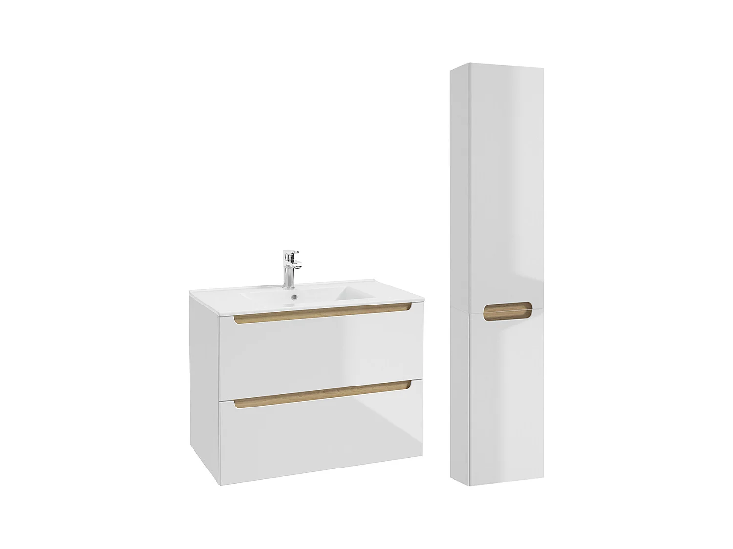 Ensemble meuble simple vasque encastrée 80cm 2 tiroirs et colonne Livia Blanc et Bois