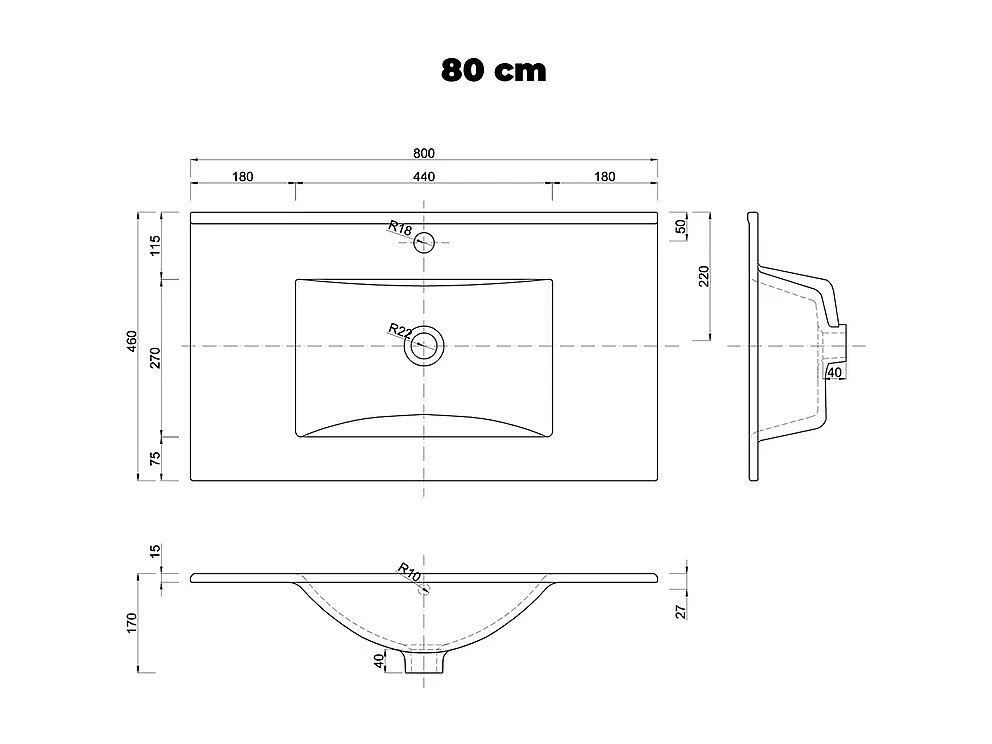 Ensemble meuble simple vasque encastrée 80cm 2 tiroirs et colonne Livia Blanc et Bois