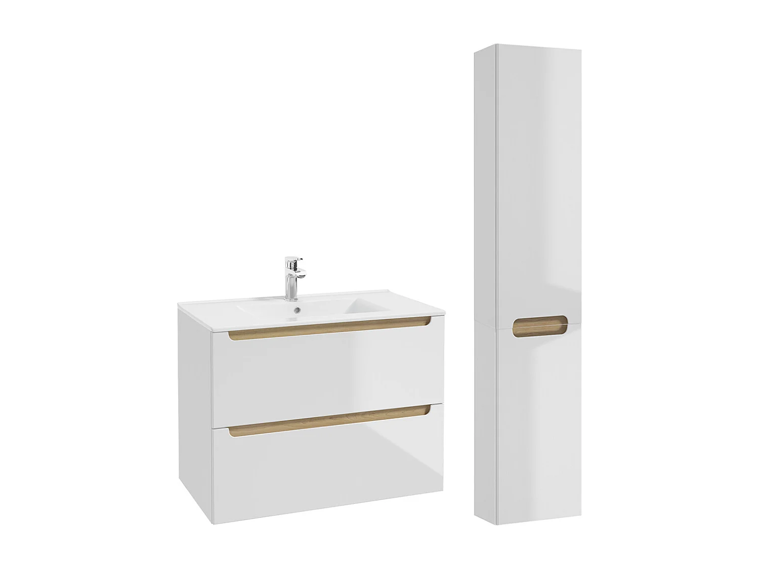 Set aus Einzelwaschtisch 80cm mit 2 Schubladen und Säule Livia Weiß und Holz
