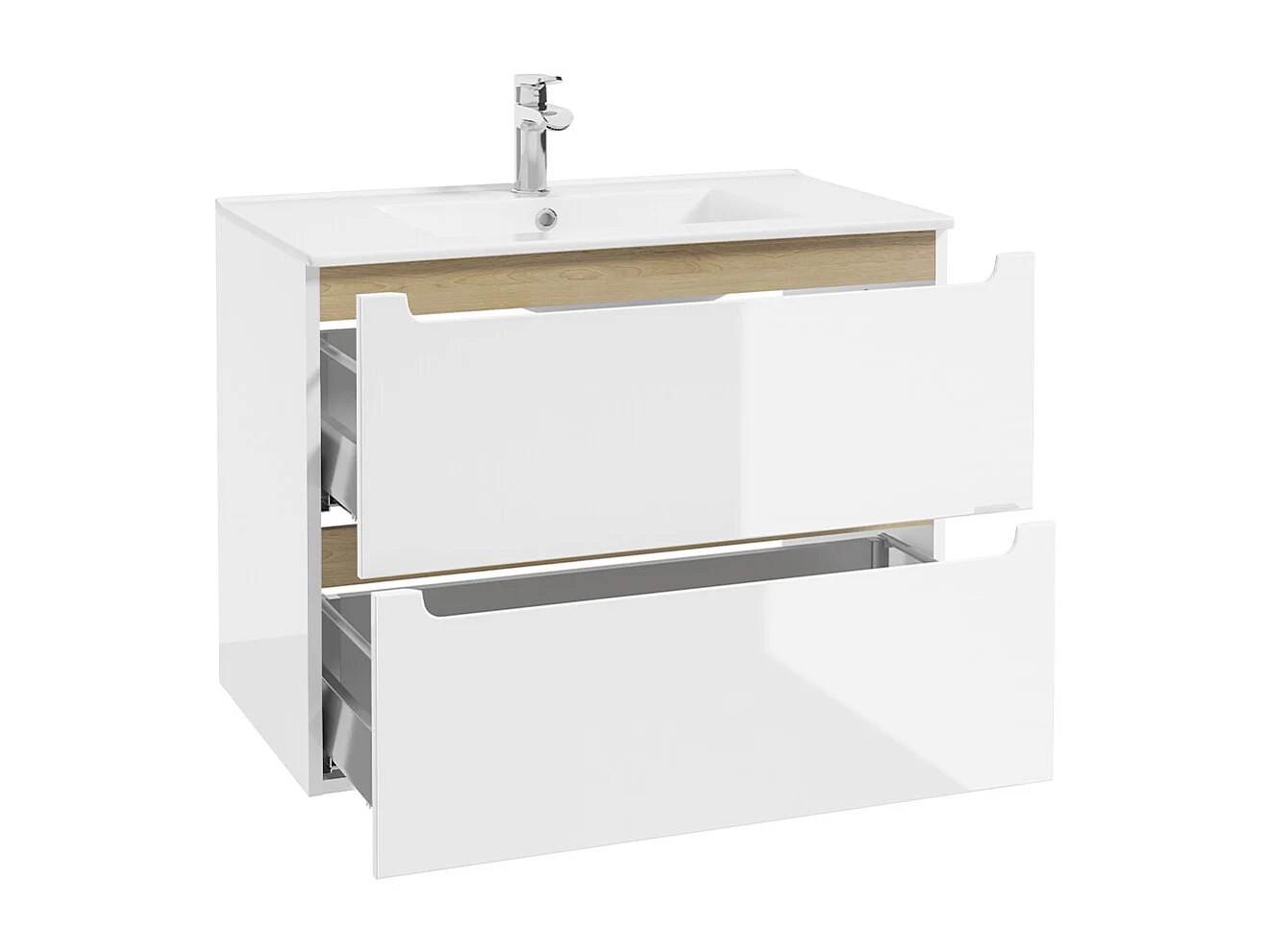 Set aus Einzelwaschtisch 80cm mit 2 Schubladen und Säule Livia Weiß und Holz