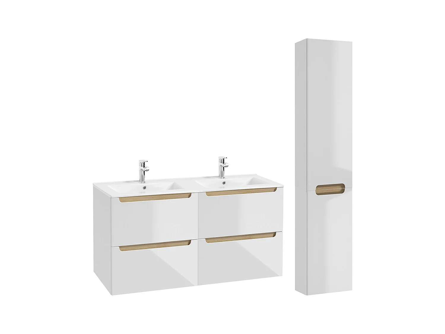 Ensemble meuble double vasque encastrée 120cm 4 tiroirs et colonne Livia Blanc et Bois