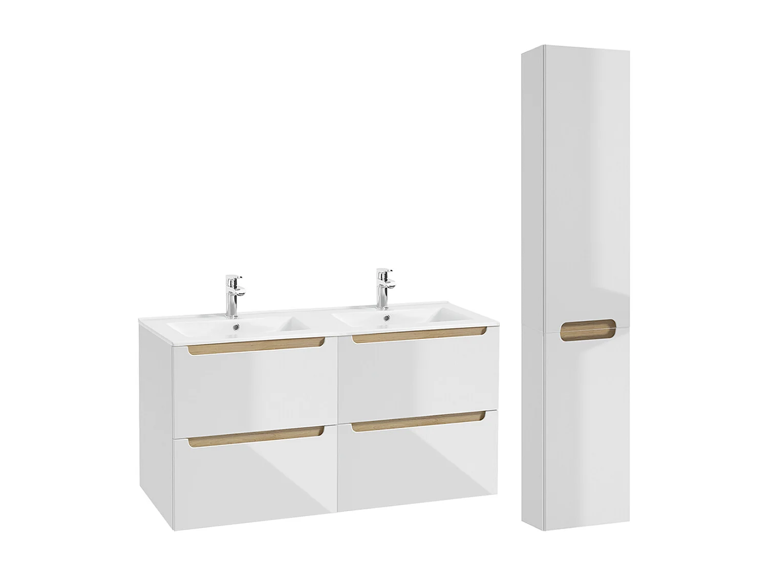 Ensemble meuble double vasque encastrée 120cm 4 tiroirs et colonne Livia Blanc et Bois