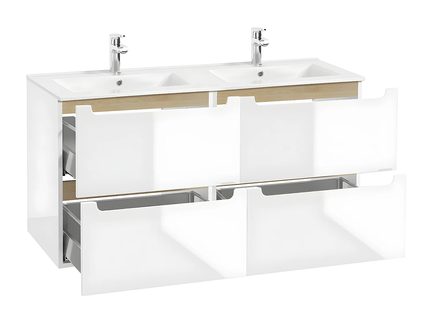 Ensemble meuble double vasque encastrée 120cm 4 tiroirs et colonne Livia Blanc et Bois