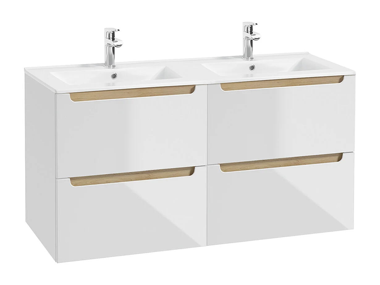 Ensemble meuble double vasque encastrée 120cm 4 tiroirs et colonne Livia Blanc et Bois