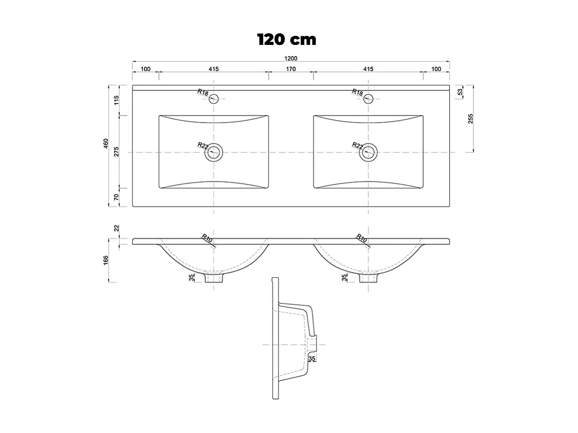 Ensemble meuble double vasque encastrée 120cm 4 tiroirs et colonne Livia Blanc et Bois