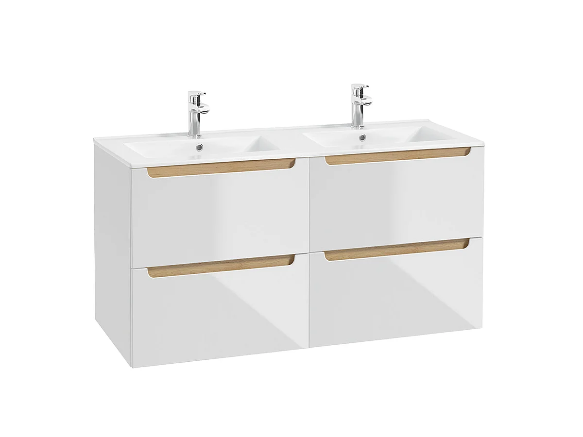 Ensemble meuble double vasque encastrée 120cm 4 tiroirs et colonne Livia Blanc et Bois