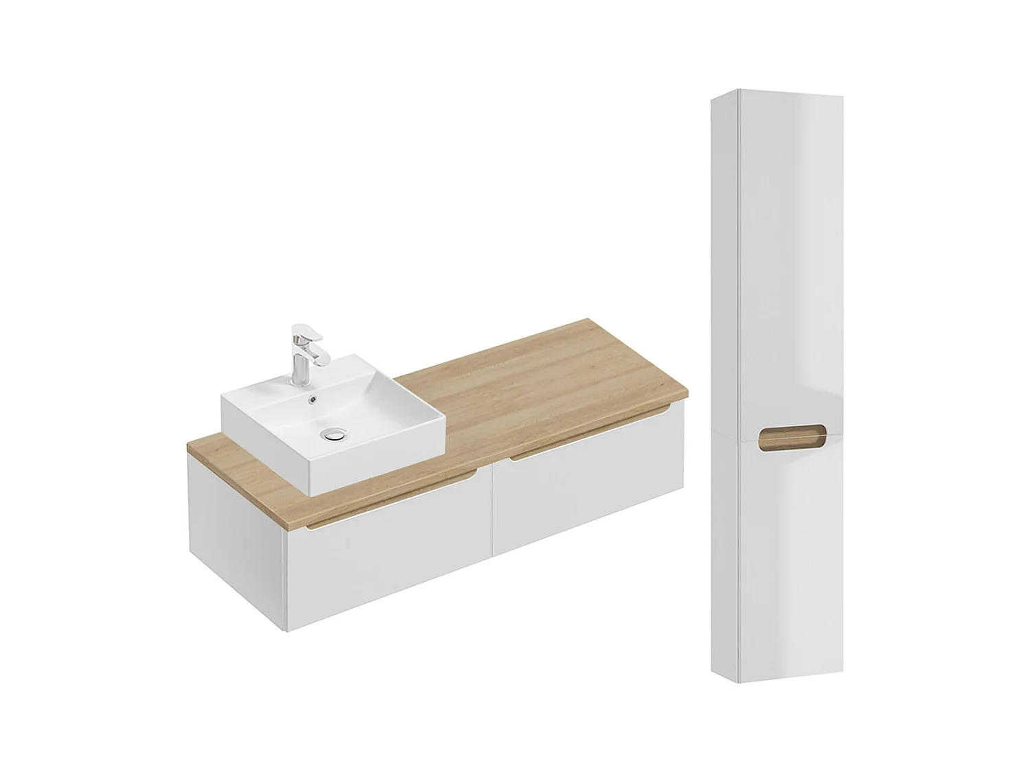 Ensemble meuble simple vasque 120cm 2 tiroirs et colonne Livia Blanc et Bois