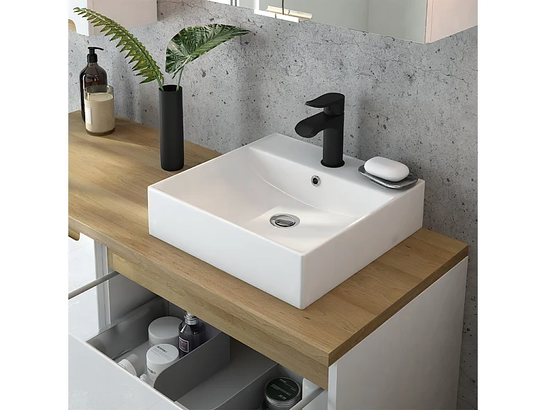 Ensemble meuble simple vasque 120cm 2 tiroirs et colonne Livia Blanc et Bois