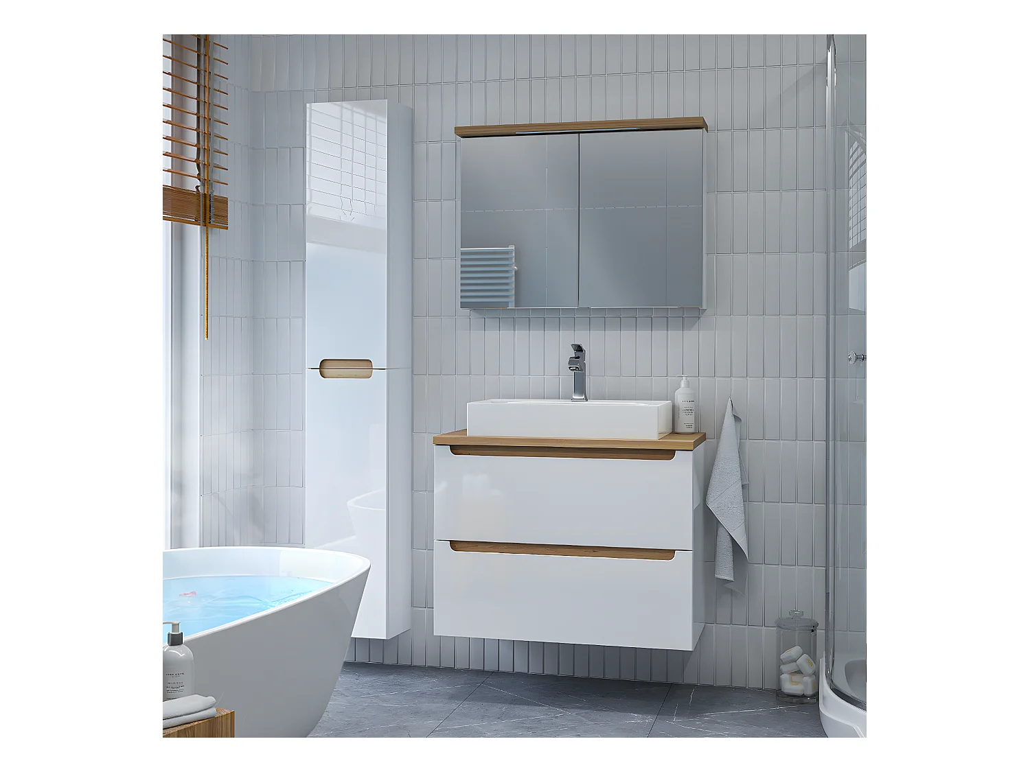 Ensemble meuble simple vasque 80cm 2 tiroirs et colonne Livia Blanc et Bois