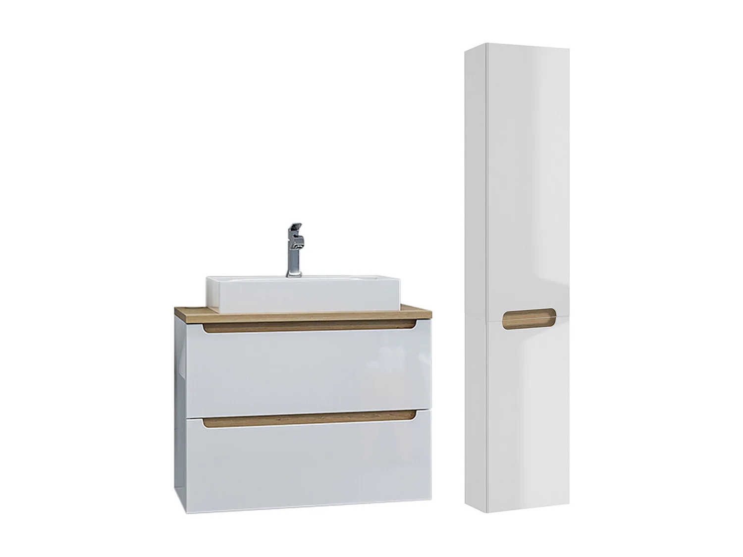Set aus Einzelwaschtisch 80cm mit 2 Schubladen und Säule Livia Weiß und Holz