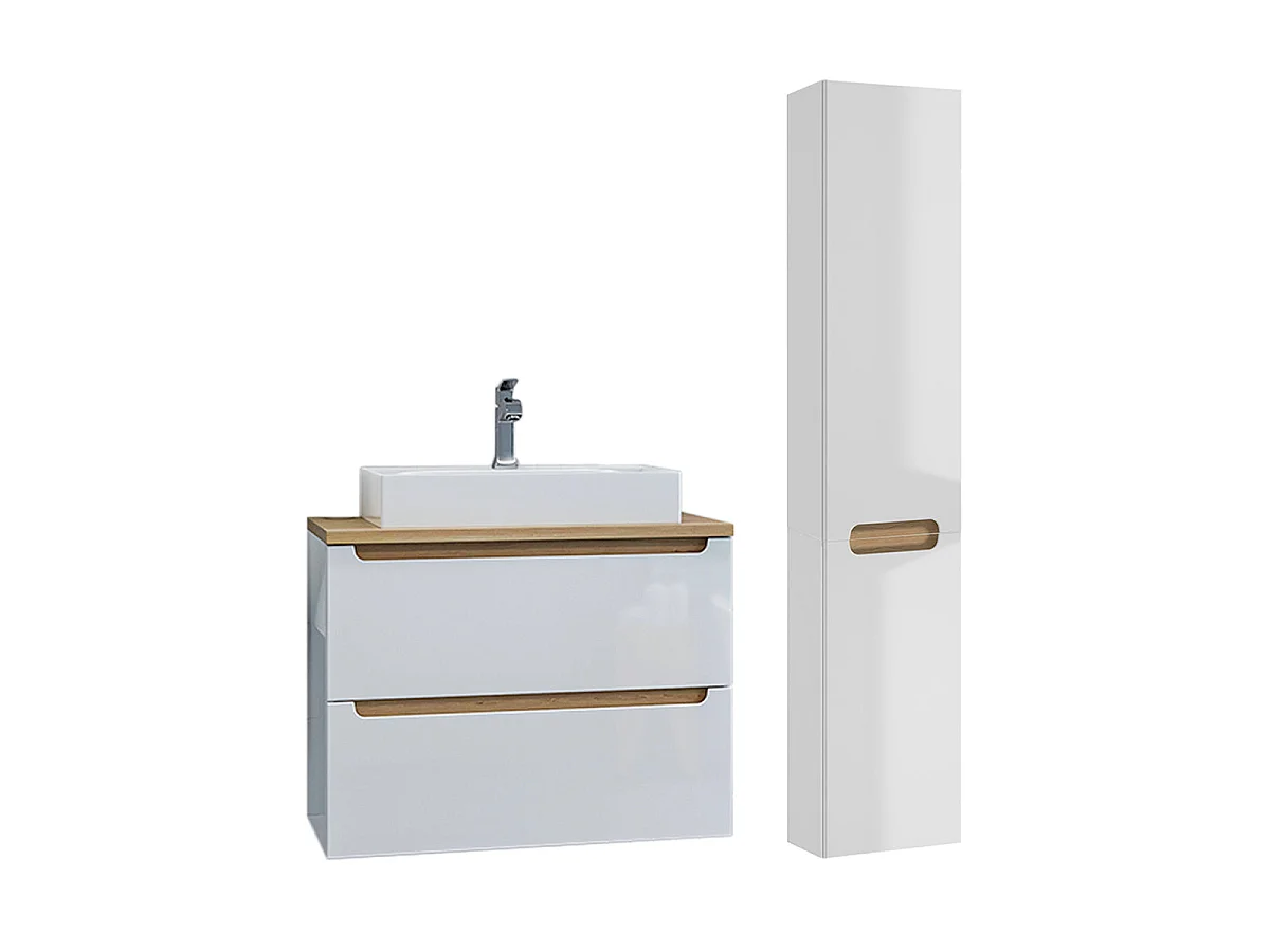 Ensemble meuble simple vasque 80cm 2 tiroirs et colonne Livia Blanc et Bois