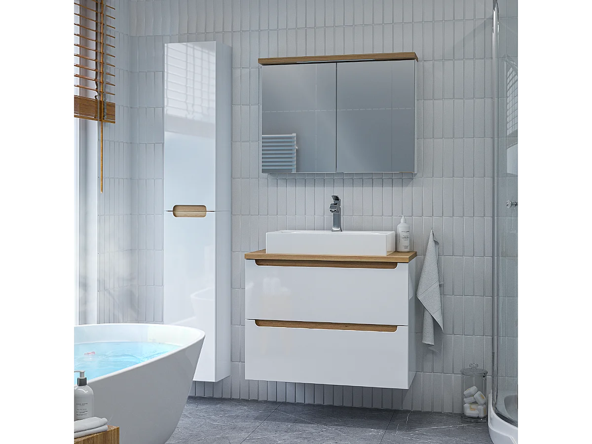 Ensemble meuble simple vasque 80cm 2 tiroirs et colonne Livia Blanc et Bois