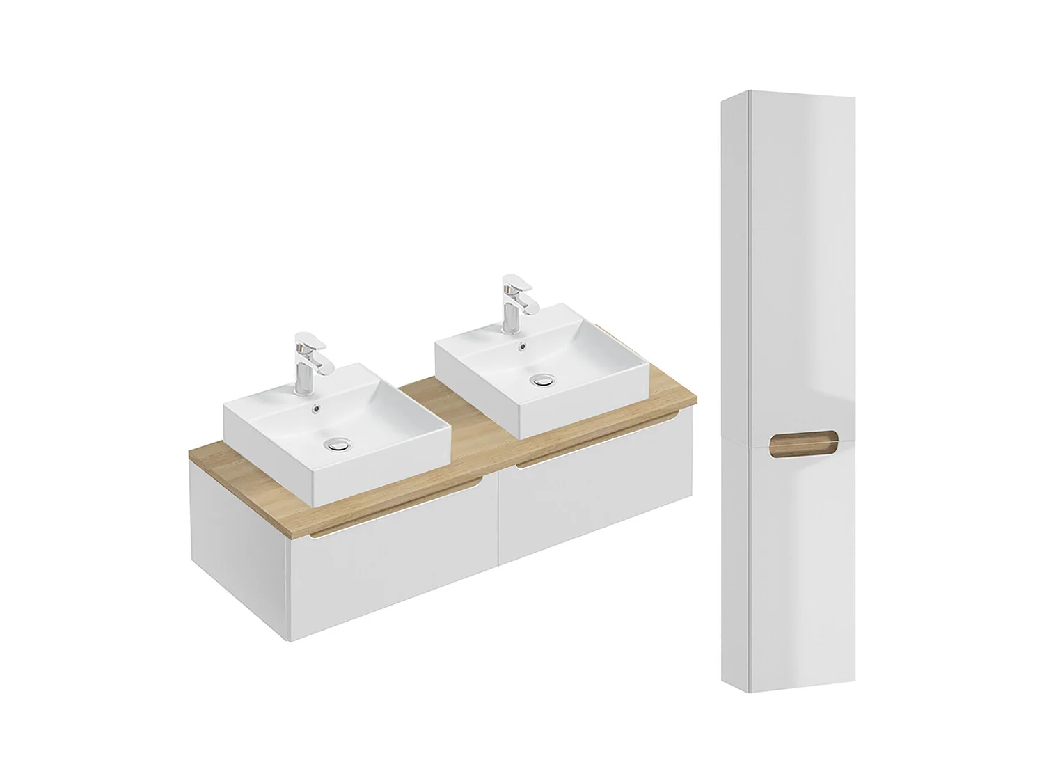 Ensemble meuble double vasque 120cm 2 tiroirs et colonne Livia Blanc et Bois
