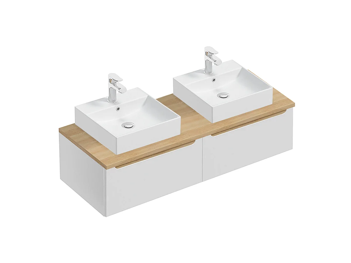 Ensemble meuble double vasque 120cm 2 tiroirs et colonne Livia Blanc et Bois
