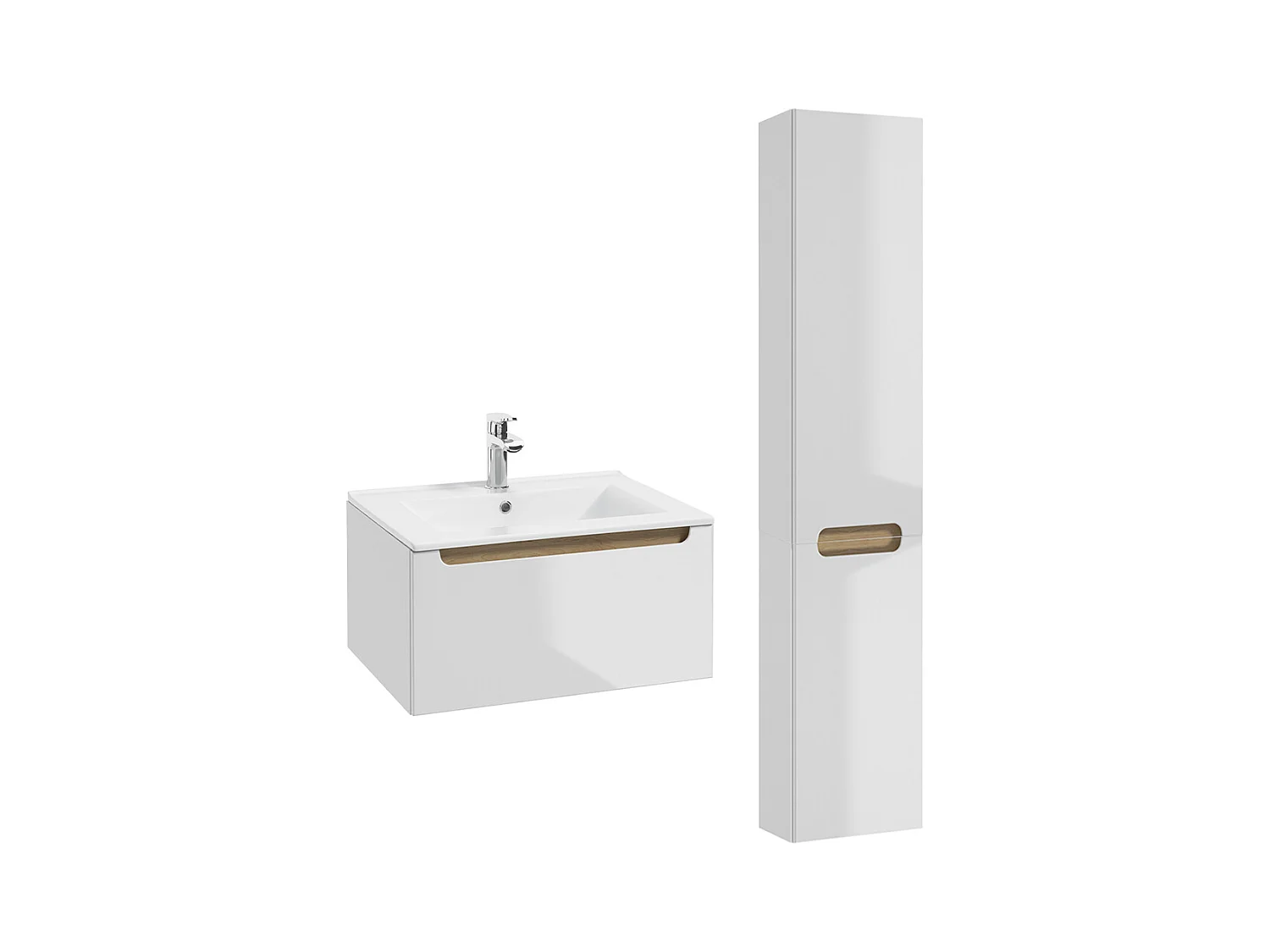 Ensemble meuble simple vasque encastrée 60cm 1 tiroir et colonne Livia Blanc et Bois