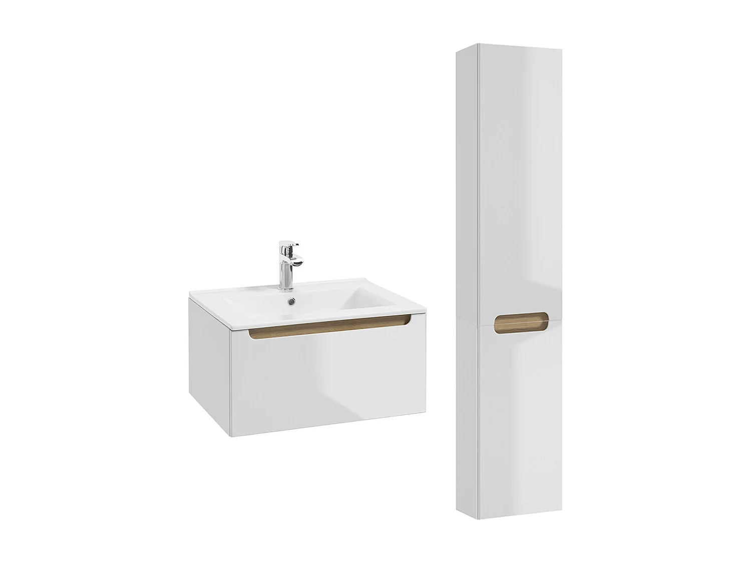 Ensemble meuble simple vasque encastrée 60cm 1 tiroir et colonne Livia Blanc et Bois