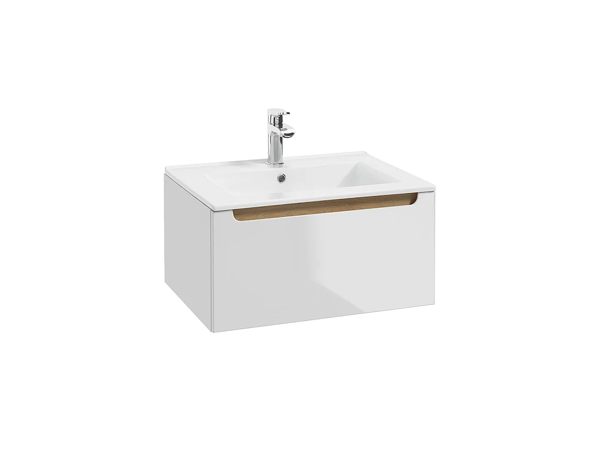 Ensemble meuble simple vasque encastrée 60cm 1 tiroir et colonne Livia Blanc et Bois