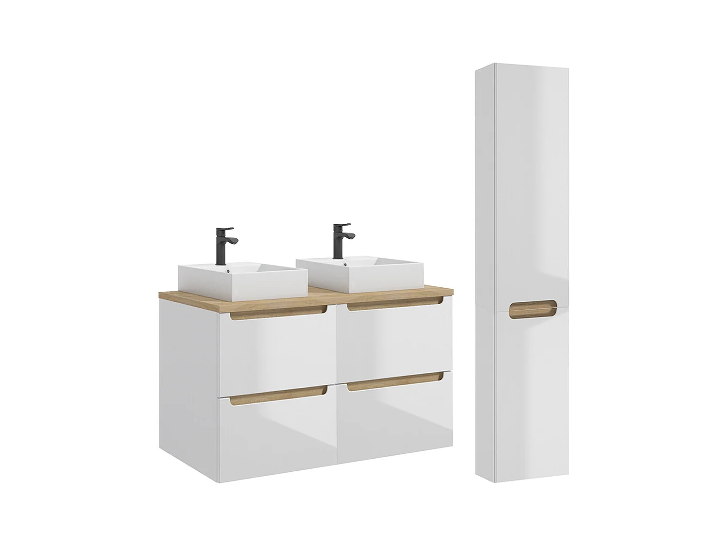 Ensemble meuble double vasque 120cm 4 tiroirs et colonne Livia Blanc et Bois