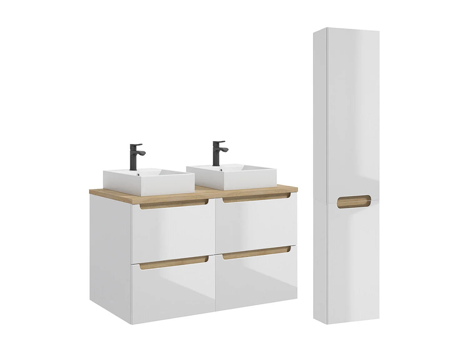Doppelwaschtisch 120cm mit 4 Schubladen und Säule Livia Weiß und Holz