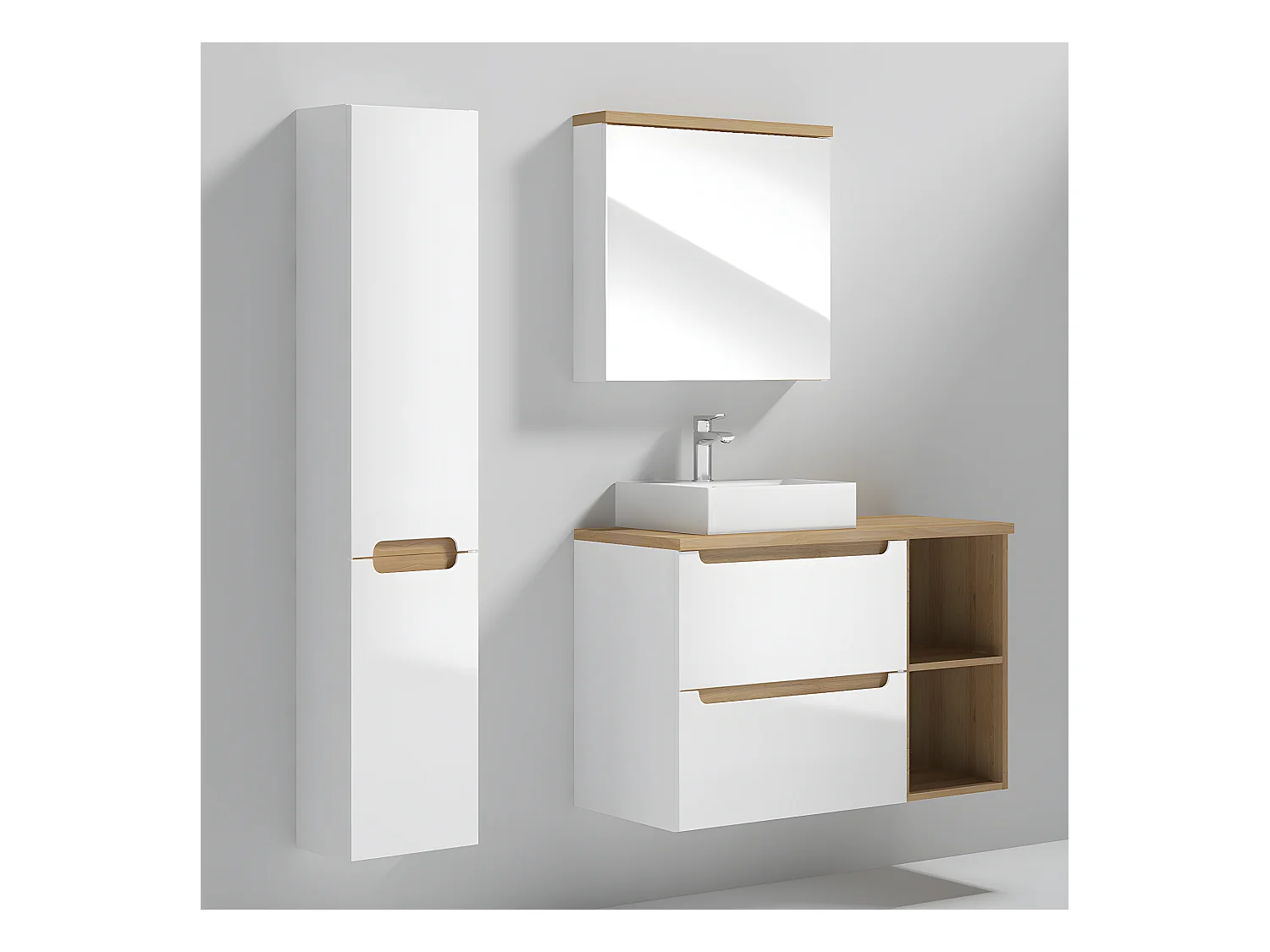 Ensemble meuble simple vasque 90cm 2 niches et colonne Livia Blanc et Bois
